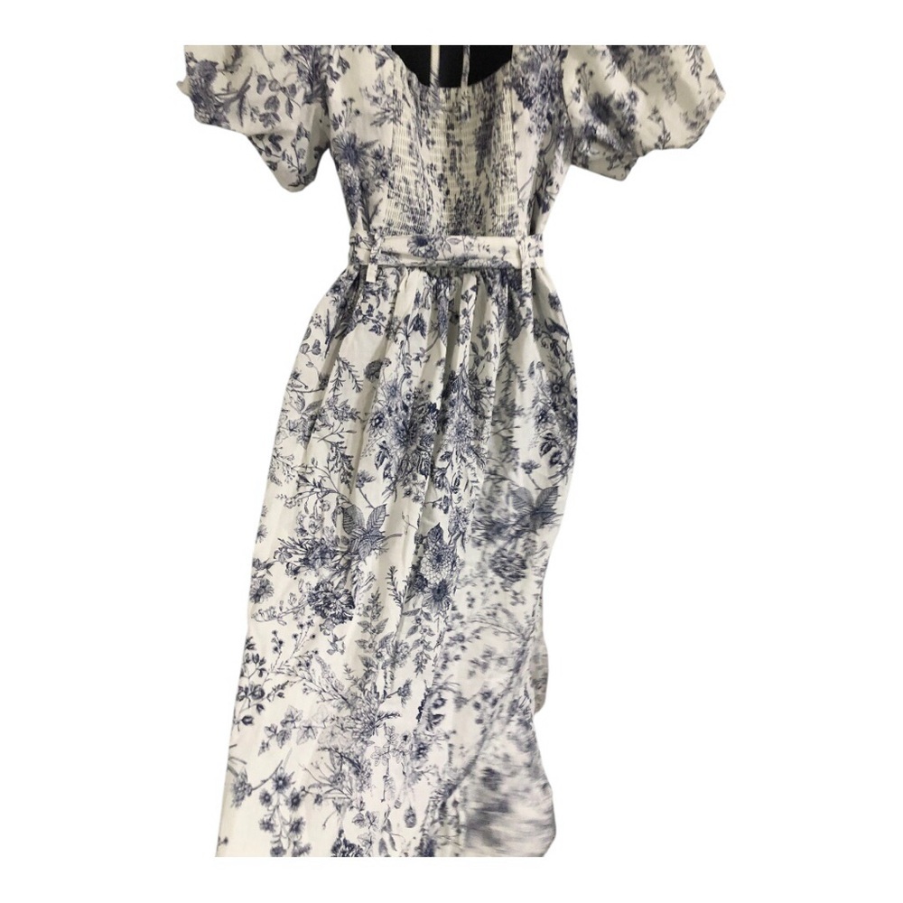 Cream‎ blue floral puff sleeve belted smocked square neck nap dress size medium - Picture 7 of 17